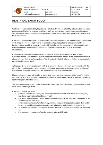 AJ Produkter AB 2022 Health and Safety Policy